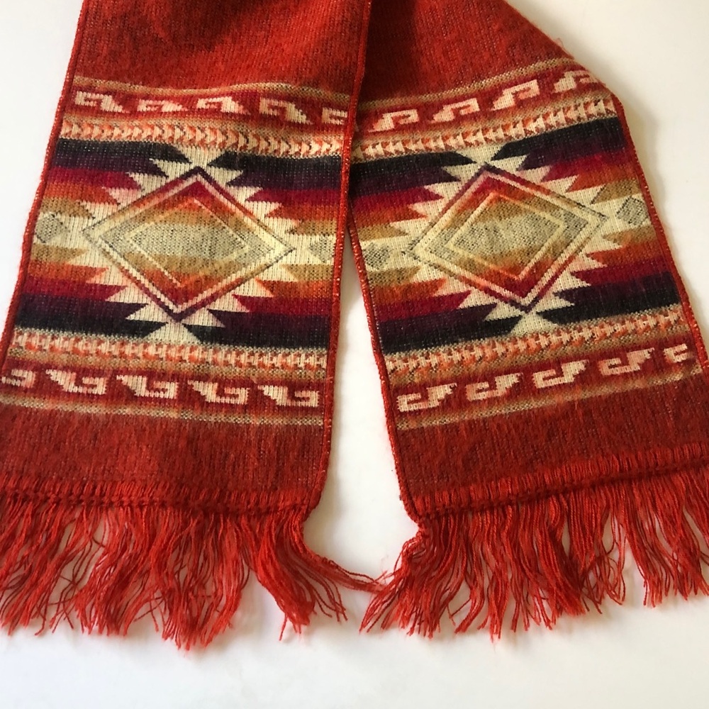 Vintage Southwestern Woven Fringe Scarf Rust 72” x 7.5” Boho Geometric - Picture 6 of 6